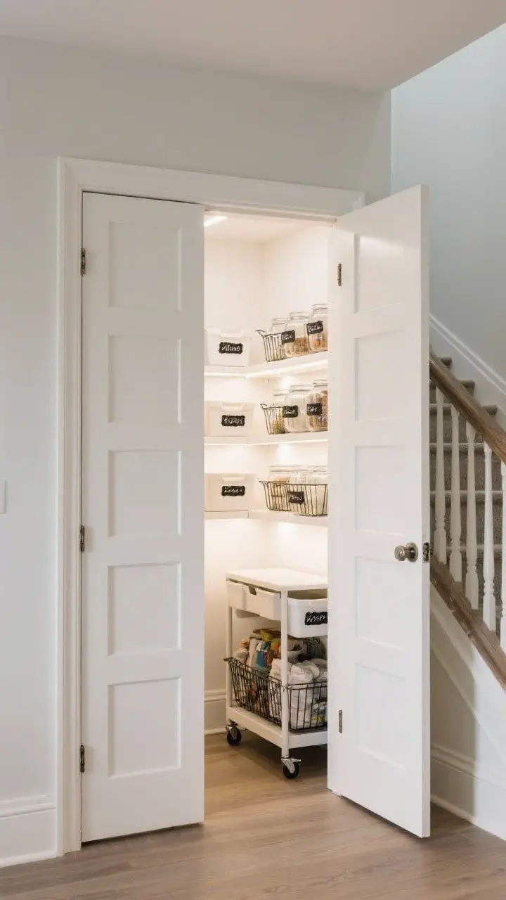 Photorealistic straight-on wide shot of a hidden pantry under stairs: full-height paneled doors perfectly matched to staircase trim, opened to reveal bright satin-white interior with adjustable shelving, wire baskets, pull-out bins, warm white LED lighting, clear jars neatly labeled with black script, a narrow rolling cart for oversize items tucked inside; clean, organized, secret-door vibe; soft even lighting.