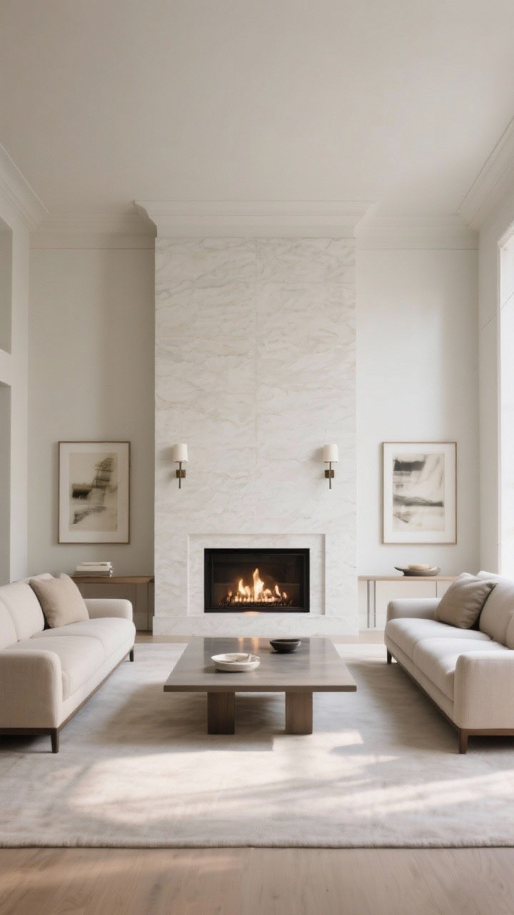 Photorealistic straight-on wide shot of a mirror-image arrangement flanking a focal-point fireplace: two matching sofas placed symmetrically on either side, equal scale and height; twin sconces and paired art pieces flanking the fireplace to echo symmetry; a low, wide coffee table centered to keep sightlines open; minimal accessories for refined calm; balanced daylight with fireplace wall as the hero; crisp, polished mood