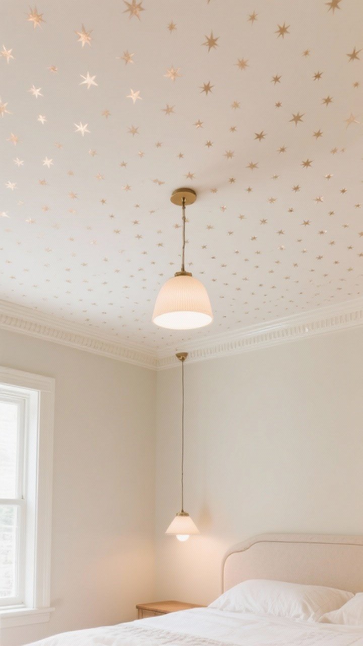 Photorealistic upward-looking ceiling shot in a bedroom: the “fifth wall” papered with a delicate small-star pattern in soft warm white with subtle metallic accents to bounce light; walls kept simple in tone-on-tone paint; pendant light casting a gentle glow; edges of simple crown molding visible; dreamy, refined atmosphere free of clutter.