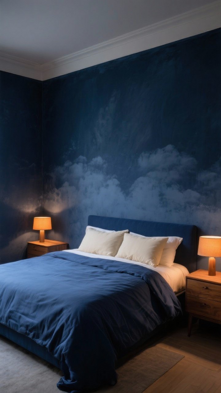 Photorealistic wide bedroom scene with moody midnight blue walls in a limewash finish for cloud-like texture; tone-on-tone styling: navy walls, indigo bedding, cream pillows; warm wood nightstands, amber lighting from bedside lamps; evening ambience that feels cocooning and luxurious; corner angle to show receding dark walls and cozy depth