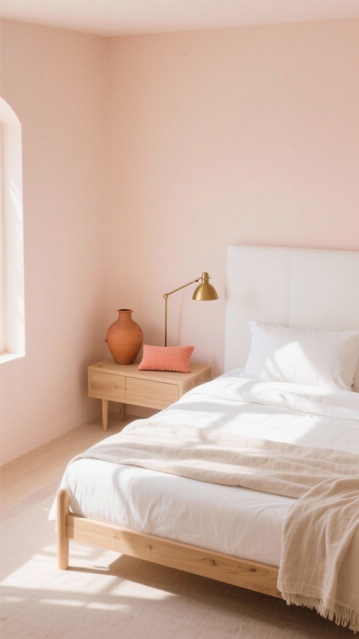 Photorealistic wide bedroom shot in barely-there peach, morning light making the room glow softly; white oak bed frame, linen textures throughout, warm brass lamp; bedding kept simple in white or oatmeal to avoid overload; a terracotta vase on the nightstand and a small coral pillow echoing the undertone; overhead angle for an airy, sunlit feel