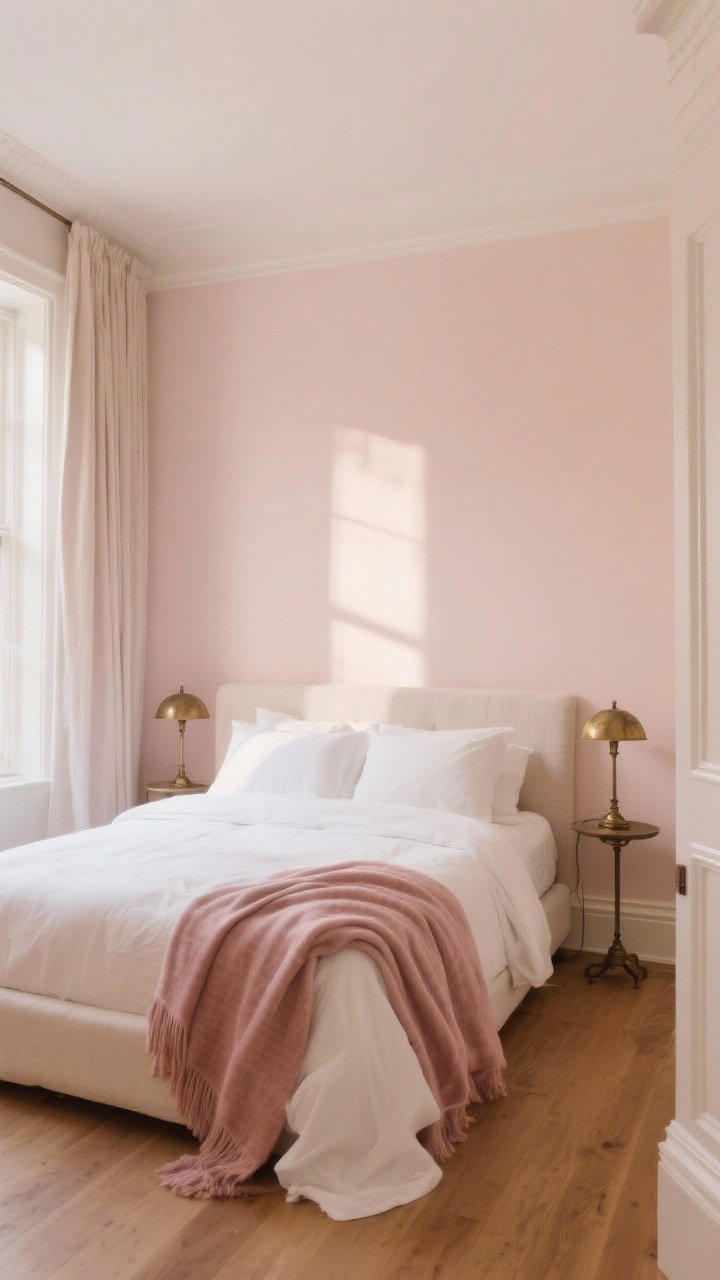 Photorealistic wide bedroom shot painted in blush beige whisper, morning natural light washing over the walls shifting from creamy to rosy; ivory bedding layered with a dusty rose throw, aged brass bedside lamps, linen curtains pooling slightly on the floor, clean soft white trim, warm wood floors; straight-on view that feels soft, warm, and flattering