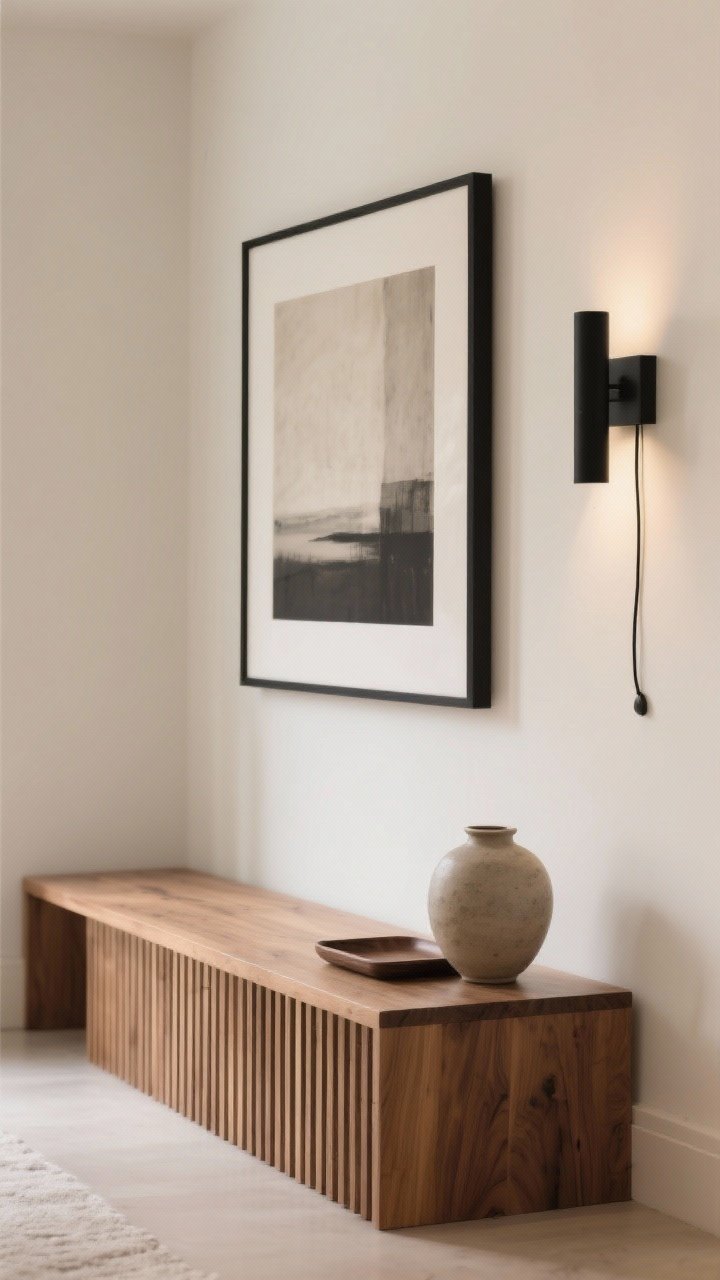 Photorealistic wide corner shot: a Frame TV in art mode mounted above a low slatted oak wood bench; bench styled with a single stoneware vase and shallow tray; a matte black narrow linear sconce mounted to the side balancing the screen; cords hidden, minimal decor; colors: oak, matte black, ecru; clean, modern, functional art mood; soft ambient light with the sconce providing glow and gentle screen illumination.