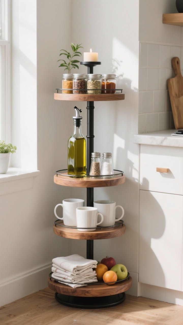 Photorealistic wide corner shot of a tiered stand used for vertical storage in a tight kitchen: a two- or three-tier stand with cohesive palette (choose wood + white for timeless, or black metal + glass for modern). Top tier: neatly arranged spice jars or small jams. Middle tier: olive oil, vinegar, salt and pepper. Bottom tier: everyday mugs, folded napkins, or fruit. Add a tiny plant or candle on the top tier as a finishing touch. Clean, uncluttered composition, natural daylight, crisp shadows.