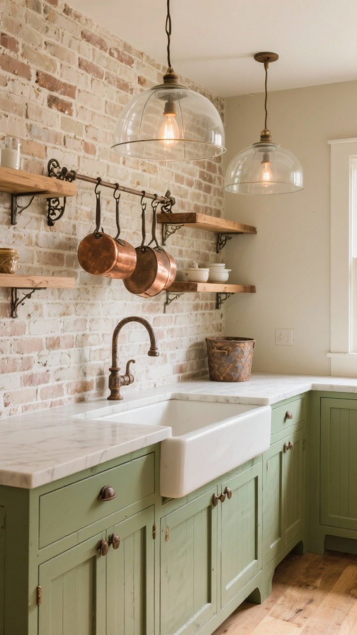 Photorealistic wide corner shot showcasing thin brick veneer backsplash softened with milky limewash, texture visible. Sage-green cabinets with a farmhouse sink and aged iron bin pulls, rustic open oak shelves holding a few essentials, and oversized glass dome pendants overhead. Copper pots hanging on a decorative rail. Warm, cozy, storied lighting.