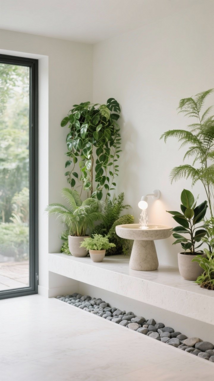 Photorealistic wide corner view: an indoor garden ledge installation with a shallow floating ledge across the corner at bench height; layered plants of varying heights—trailing pothos, feathery ferns, petite rubber plant—in neutral pots; a compact tabletop fountain centered for gentle water movement; warm white spotlights with plant grow bulbs discreetly aimed at foliage; a pebble tray under the ledge adding stone gray texture; verdant greens, soft white; spa-like, fresh, restorative mood.