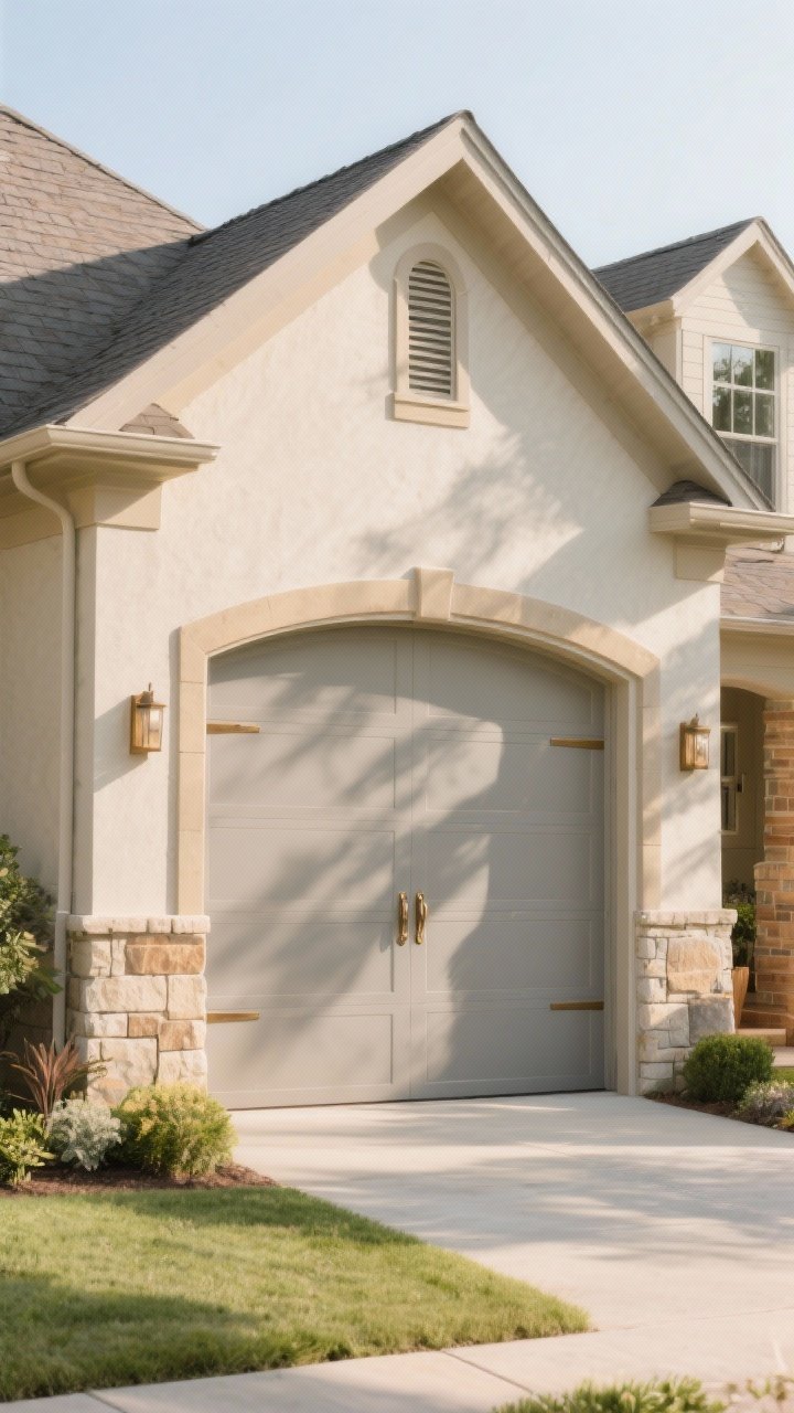 Photorealistic wide exterior shot capturing a warm greige garage door and trim harmonizing with tans, creams, and natural stone: greige tone with subtle warmth, satin finish; bronze or brass hardware; landscaping with soft greens and wood accents; sunlight and shade both present to show undertone shifts; high-end, effortless, blended look across traditional architecture.