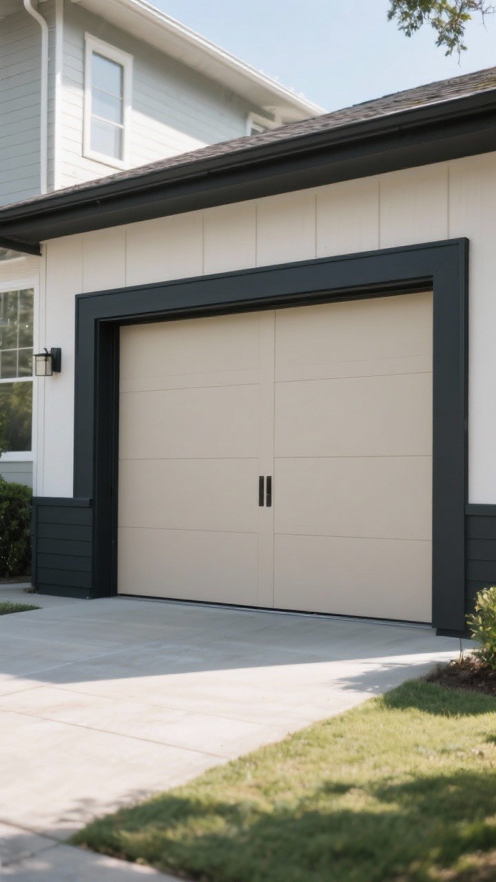 Photorealistic wide exterior shot focusing on a high-contrast trim and frame highlight around the garage: the door stays its original neutral, while the surround is painted in a contrasting color to create a “picture frame” effect; demonstrate both options visually with dark frame/light door vibe; header same color as sides for continuity; balanced, proportion-correcting composition in even daylight.