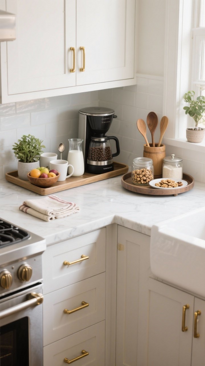 Photorealistic wide kitchen counter scene featuring a dedicated tray zone; choose either a coffee station (mugs, beans canister, milk frother, spoon rest, small plant) or snack zone (fruit bowl, jar of nuts, small plate for granola bars, cloth napkins) or baking corner (wooden spoon crock, flour/sugar canisters, salt cellar); use a lazy Susan tray in a corner for accessibility; match metals to hardware (e.g., brushed brass with brass pulls); bright, natural kitchen light, organized and inviting.