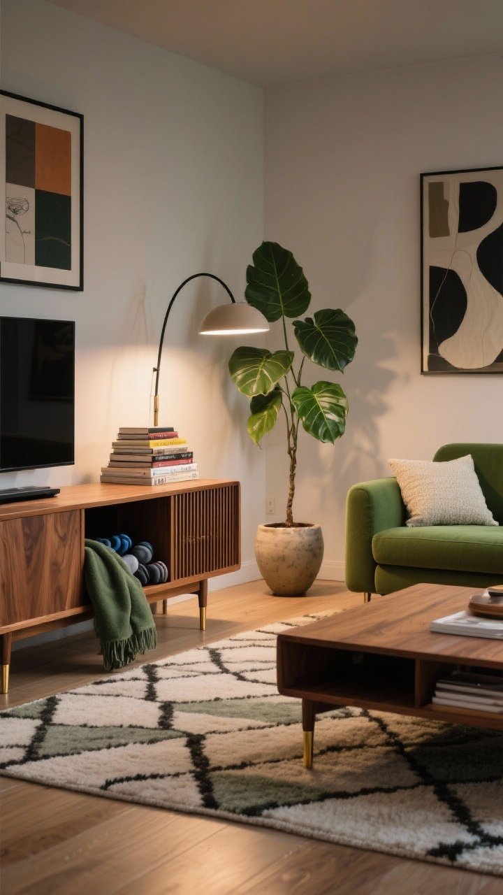Photorealistic wide living room in mid-century style: warm teak media console, low-slung moss green sofa, sculptural arc floor lamp over a geometric wool rug. Along one wall, a slatted record cabinet lookalike with the end section tilted down as a hamper for throws, gym gear, and socks; soft felt lining visible to dampen sound. Abstract art gallery, fiddle-leaf fig in a ceramic planter, stack of art books; brass-tipped furniture legs, textured cushions. Palette: teak, moss green, cream, matte black. Evening ambient glow, polished yet lived-in.