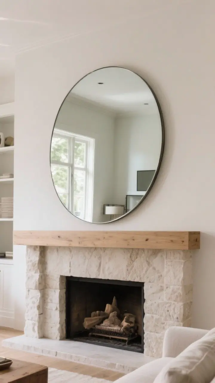 Photorealistic wide living room shot: a fireplace mantel with an oversized mirror leaning above it, the mirror at least two-thirds the width of the mantel. Show two versions of shape subtly implied by reflections—round mirror softening sharp mantel edges versus a sleek rectangular mirror—choose one primary (round) for softness. Natural daylight bouncing off the mirror to brighten the room. Mantel styled simply, pale stone surround, neutral palette, light wood mantel, relaxed, collected vibe. Camera straight-on at eye level, emphasis on scale and light expansion.