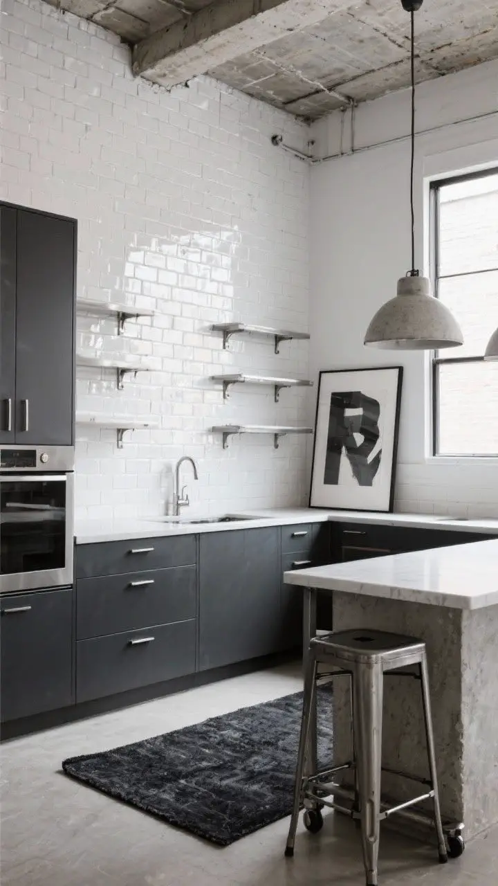 Photorealistic wide loft kitchen, corner angle: glossy white brick-look tile backsplash climbing to the ceiling reflecting light, charcoal flat-front cabinets, raw concrete countertops, stainless shelving with exposed brackets, brushed steel pulls, concrete pendant overhead, charcoal rug, rolling island with metal stools, a bold art print leaning on the backsplash; clean yet gritty, urban vibe.