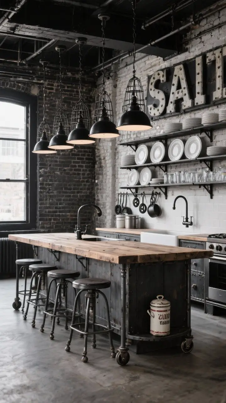 Photorealistic wide loft kitchen scene with industrial vintage vibe: exposed brick walls, blackened steel open shelving stocked with white diner plates and utilitarian glassware, reclaimed wood island on metal casters; matte black fixtures and a gooseneck faucet at the sink; row of cage pendants overhead casting moody light; vintage factory stools at the island; metal letter signage, enamel canisters, pulley wall hooks; floor-to-ceiling pot rack with well-loved cast iron; gritty, cool atmosphere with charcoal accents