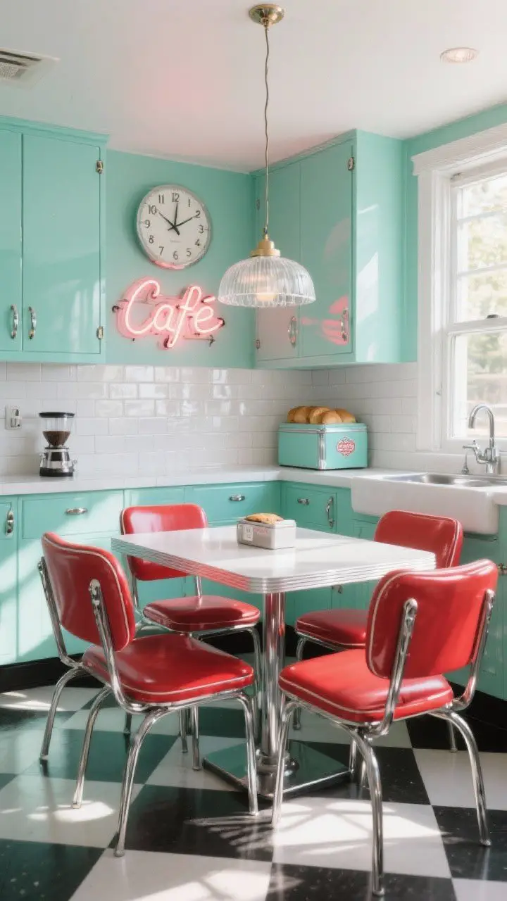 Photorealistic wide room shot of a sunlit retro diner kitchen: mint-green shaker cabinets with chrome cup pulls, glossy white subway tile backsplash, checkerboard black-and-white floor, chrome-and-laminate breakfast table with red vinyl diner chairs, milk-glass pendant over the table, retro wall clock, neon café-style sign near a coffee corner, enamel bread box on counter; color palette mint, cherry red, white, chrome; bright morning daylight streaming through windows; playful, cheerful vibe