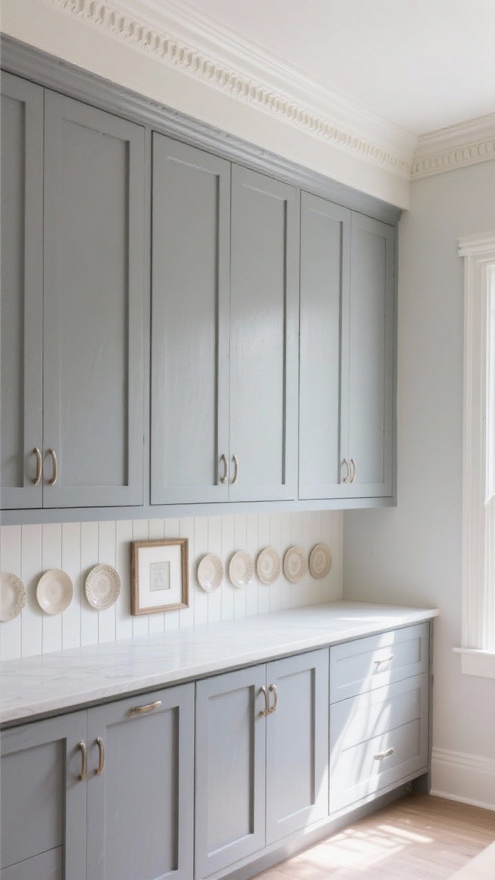 Photorealistic wide shot emphasizing architectural upgrades above gray cabinets: a paint-matched riser closing the gap to the ceiling, elegant crown moulding, and a shallow 3–4 inch ledge displaying a slender row of neutral plates and a small frame. Beadboard paneling as a textured backdrop, wall painted to match cabinet color to visually extend height. Straight-on, bright natural light, custom-built feel.