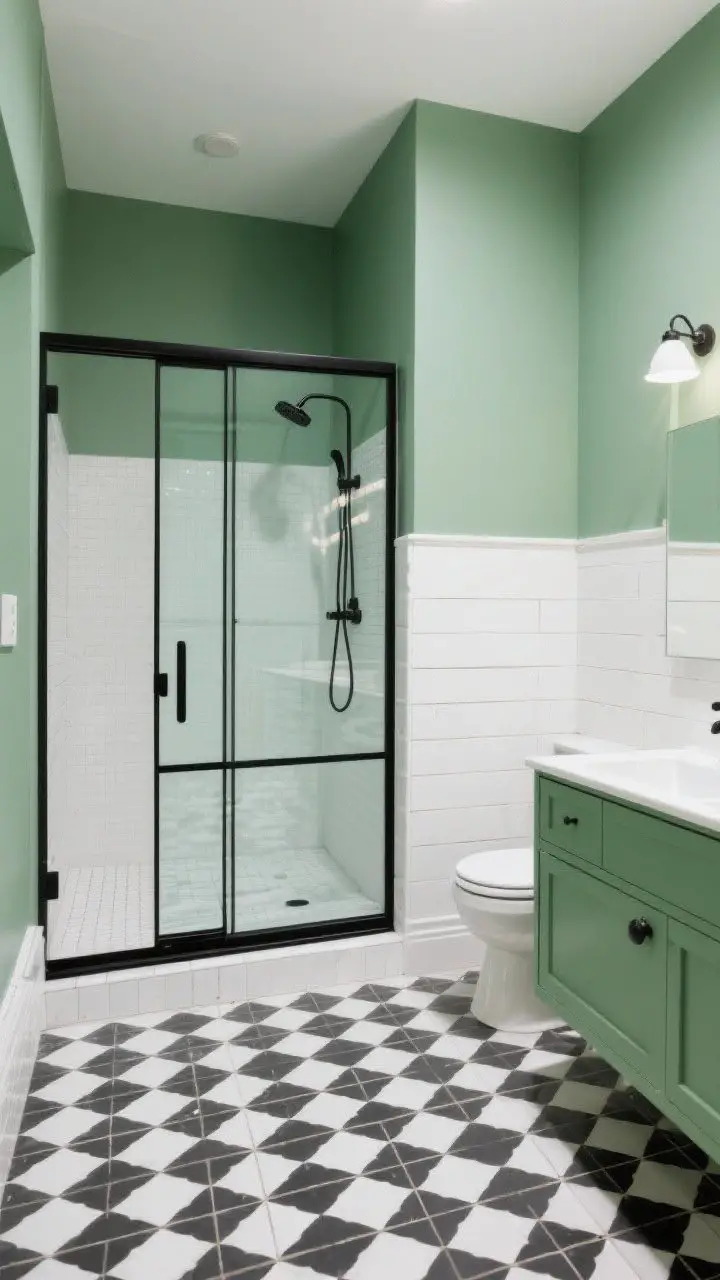 Photorealistic wide shot of a bathroom with sage green walls contrasted by a bold black-and-white graphic tile floor. A black-framed glass shower door adds crisp lines; white shiplap is visible on one adjacent wall with a green vanity anchoring the space. Bright, even light that makes the patterns pop while keeping the greens vibrant. Clean, modern contrast—no people.