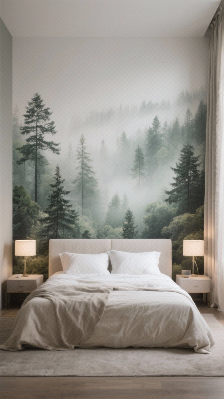 Photorealistic wide shot of a bedroom featuring a wall-to-wall landscape mural behind the bed: misty pine forest in soft greens and grays acting as a dramatic headboard backdrop; neutral linen bedding, pale curtains, and soft diffused bedside lamps; uncluttered nightstands; calm, dreamy atmosphere; straight-on view to emphasize the mural.