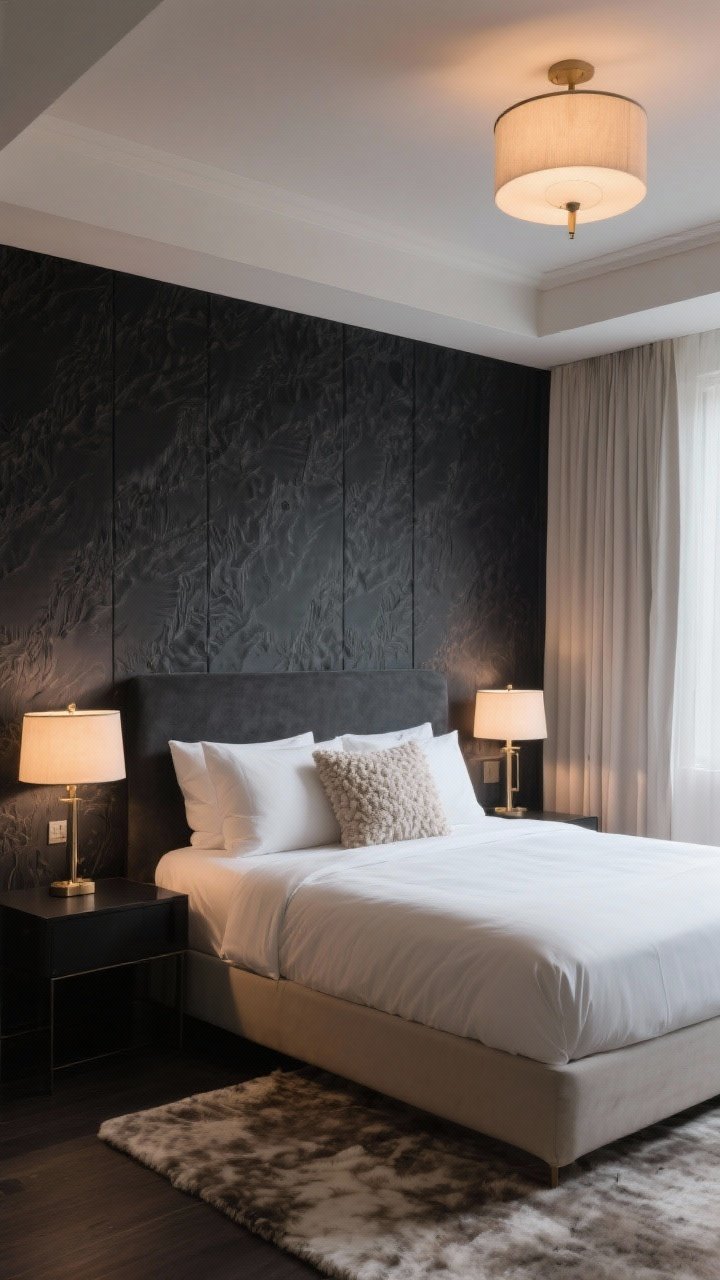 Photorealistic wide shot of a bedroom with a dark and dramatic feature wall behind the bed: charcoal wallpaper with subtle texture; layered warm lighting—two bedside lamps and a dim overhead fixture; contrast with light ivory bedding and pale linen curtains; tactile accents like a boucle pillow and a plush rug; boutique hotel mood, corner angle for depth.