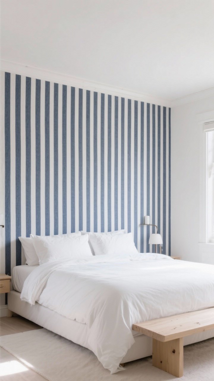 Photorealistic wide shot of a bedroom with striped wallpaper that elongates the space: vertical navy-and-white wide cabana stripes behind the bed to make the ceiling feel taller; simple solid white bedding, minimal pattern mixing; pale wood bench at the foot of the bed; bright, even natural light; straight-on perspective to emphasize verticality.