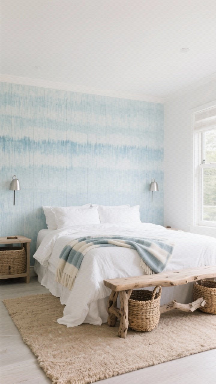 Photorealistic wide shot of a coastal calm bedroom without kitsch: light blue grasscloth wallpaper, watercolor stripe throw at the foot of the bed, sandy neutral rug; layered white linen bedding; woven baskets and driftwood-toned wood bench; matte brushed nickel bedside sconces; breezy daylight, open and airy, straight-on composition.