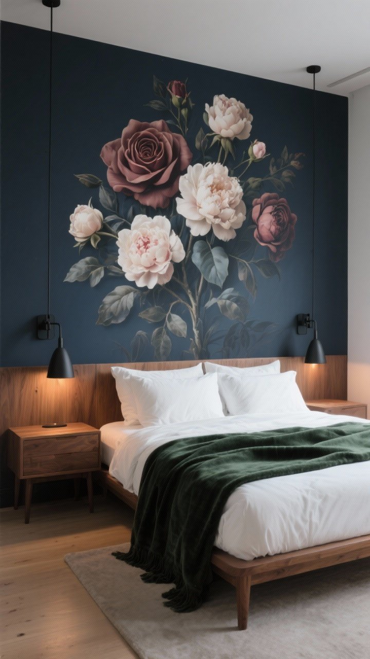 Photorealistic wide shot of a cozy modern bedroom with a single moody floral feature wall behind the bed: oversized roses and peonies on a deep navy-charcoal background, paired with warm mid-tone wood furniture, matte black metal sconces, and crisp white linen bedding; add a dark green velvet throw folded at the foot; soft warm bedside lighting, minimal decor, straight-on perspective, airy negative space to prevent overwhelm.