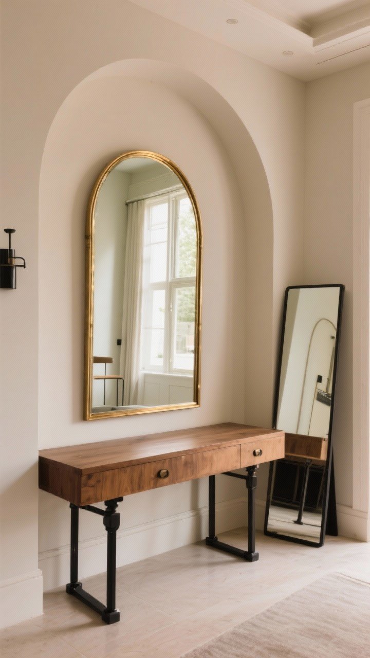 Photorealistic wide shot of a foyer anchored by a large statement mirror: an arched, brass-framed mirror above a console, reflecting soft daylight to enlarge the space. Include a wood console for warmth and black metal accents on nearby hardware. Scale the mirror to at least two-thirds the console width. Boutique-hotel vibe with a floor-length leaning mirror partially visible behind the console. Neutral palette with warm tones, straight-on view.