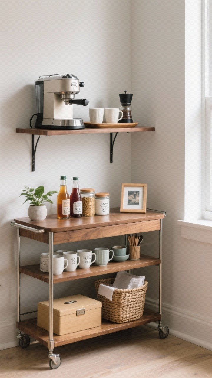 Photorealistic wide shot of a functional bar cart in a small apartment corner: top shelf holds an espresso machine, a compact grinder, and two daily mugs on a small tray; middle shelf neatly lines up syrup bottles, canisters, and a lidded jar for spoons; bottom shelf stores extra mugs, a tea box, and a woven basket for napkins and filters. A tiny plant and a framed 5x7 print add style. Corner angle, bright natural light.