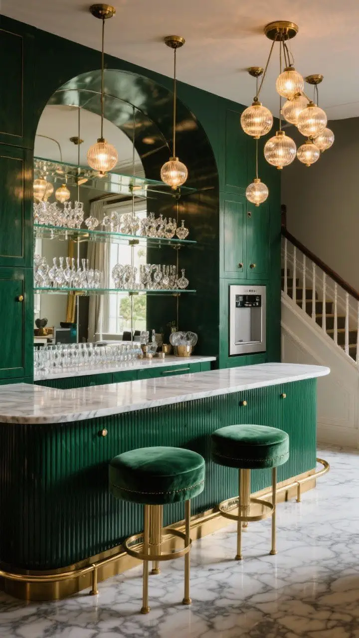 Photorealistic wide shot of a glam under-stairs bar: mirrored back panel with glass shelves sparkling with cut crystal, marble countertop, reeded wood cabinet fronts painted deep emerald, brass foot rails, a slim ice maker, two velvet-topped stools tucked beneath, a cluster of globe pendants washing warm light across the scene; rich, jazz-age luxury mood; no people.