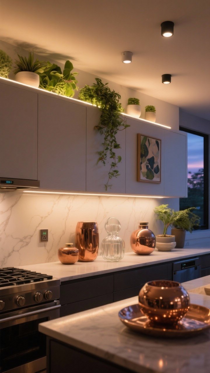 Photorealistic wide shot of a kitchen at dusk featuring soft top lighting: warm 2700–3000K LED strip tucked behind above-cabinet greenery and art, plus a couple of hidden battery puck spotlights. Light gently washes a mix of copper, glass, and glossy ceramics, creating depth and glow. Hardware concealed; smart plug ambiance. Straight-on twilight scene, cozy and designer-like, no people.