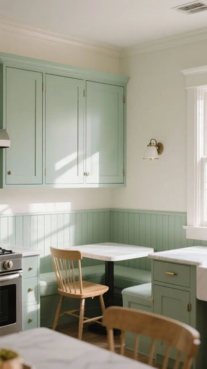 Photorealistic wide shot of a kitchen breakfast nook featuring half-height beadboard wall panels painted soft sage, with smooth drywall above. Texture-forward detail: narrow slats with semi-gloss finish for wipeability. Coordinated cabinet color, warm white trim, and a small sconce. Gentle afternoon light raking across panels to reveal texture; calm, elevated mood.