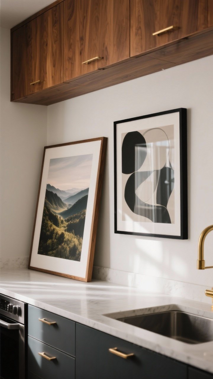 Photorealistic wide shot of a kitchen wall where the area above warm wood cabinets becomes a mini gallery: one oversized framed landscape canvas leaned against the wall, flanked by a large abstract acrylic print; frames in black and brass, humidity-friendly finishes. The art fills the vertical gap, leaned not hung. Straight-on view, moody but softly lit with indirect daylight, counters uncluttered, 1–3 bold pieces only.