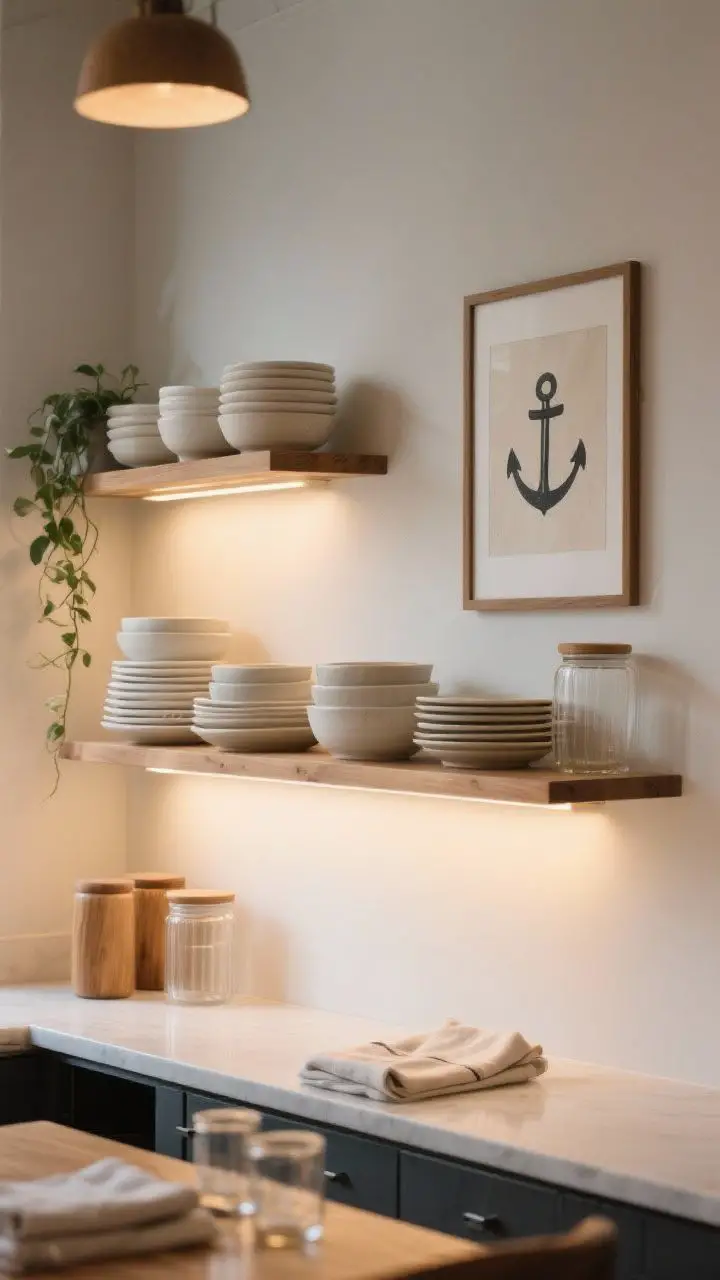 Photorealistic wide shot of a kitchen wall with two floating open shelves styled intentionally: plates and bowls grouped by a single palette (soft whites and warm creams), layered textures of matte ceramics, warm wood, clear glass canisters, and folded linen napkins. Include an “anchor” element: a small framed art piece and a trailing plant to break linearity. Under-shelf lighting on, casting a warm evening glow for restaurant energy; clean backdrop.