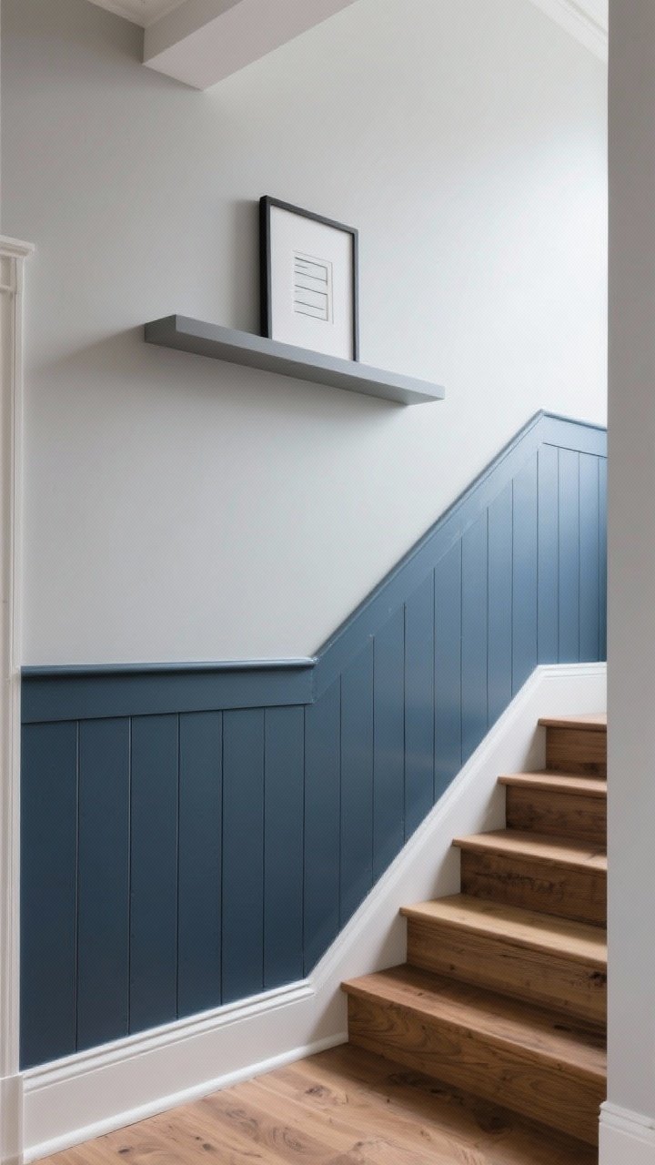 Photorealistic wide shot of a landing wall with architectural details: board-and-batten half-wall paneling painted a darker slate blue on the bottom and soft gray above; a narrow picture ledge on top holding minimalist art; alternate panel shows full wall molding painted the same color for a tonal modern look; clean baseboards, natural oak stairs; soft diffused daylight; straight-on composition highlighting geometry.