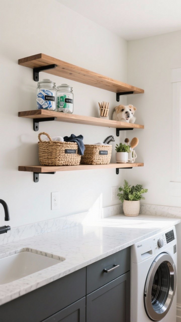Photorealistic wide shot of a laundry room wall with mixed open shelving: warm wood shelves with matte black brackets above sleek minimal floating shelves; shallow depth (8–10 inches) styled with labeled glass jars holding pods, dryer sheets, and clothespins; woven baskets for lost socks and pet hair tools; small potted greenery; neutral white walls, quartz counter, front-load machines; even daylight for a bright, chic yet practical vibe.