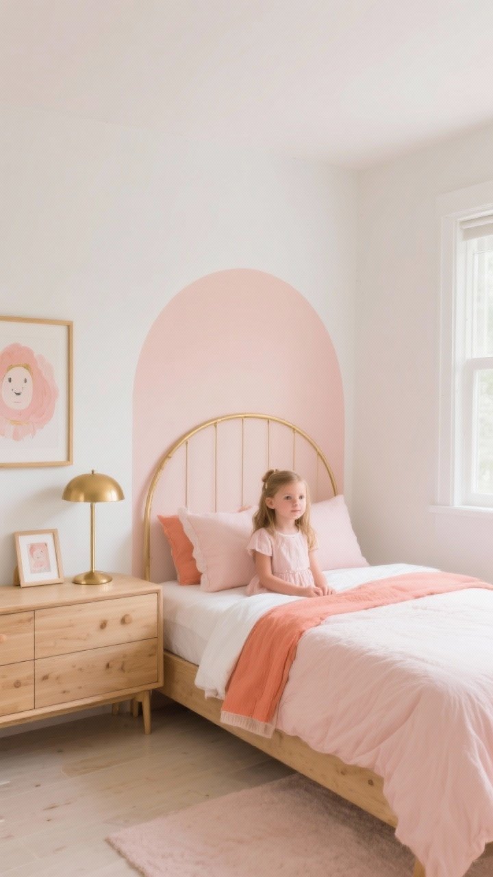 Photorealistic wide shot of a little girl’s bedroom featuring a graceful color story: walls in warm white, natural wood bed and dresser, blush and coral accents in bedding and art; a painted arch accent zone behind the bed, brass and rose-gold metallic touches in a lamp and picture frame; two-thirds neutral, one-third color palette; soft morning light, clean, modern, and dreamy