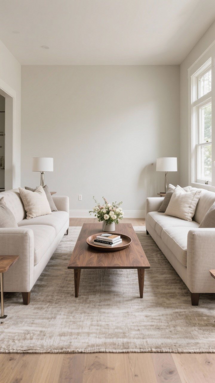 Photorealistic wide shot of a living room with two identical sofas directly facing each other across a rectangular walnut coffee table; 30–36 inches of space between couches and 18 inches between sofa and table; anchored by a large 8x10 neutral rug with all front legs on it; symmetrical styling with matching pillows, an oval tray with books and a low floral arrangement; soft natural daylight from side windows; straight-on perspective emphasizing calm symmetry and conversational layout