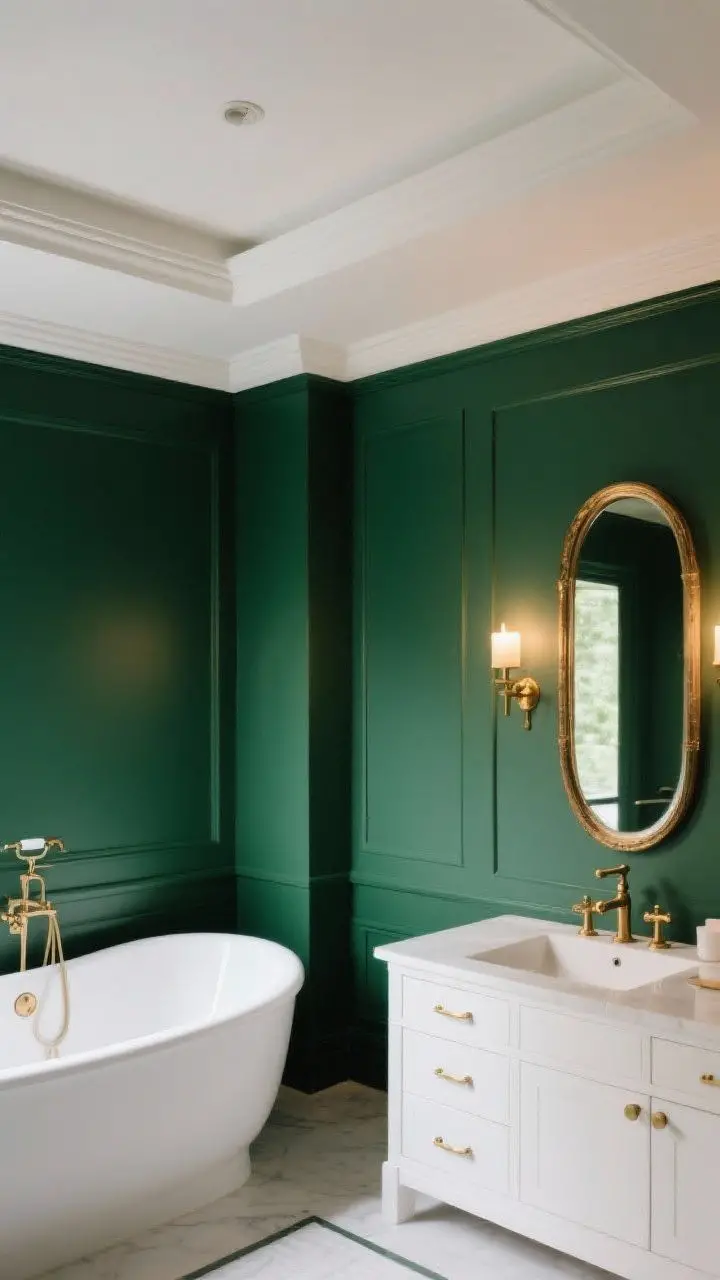Photorealistic wide shot of a luxe bathroom with moody emerald green satin-finish walls, white ceiling, freestanding white tub, and a white vanity. Brushed brass or brushed gold hardware on faucets, mirror frame, and sconces. Soft candlelight and warm ambient lighting creating a rich, boutique-hotel vibe. Slight cocoon effect with the ceiling painted a lighter tint of emerald. Clean lines, no people, balanced whites to avoid a cave-like feel.