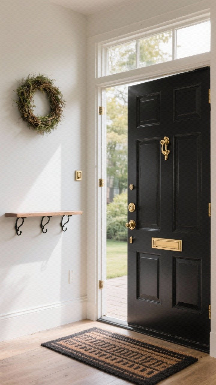 Photorealistic wide shot of a main-character front door from the interior: a painted black door with upgraded brass hardware, sleek deadbolt, and classic door knocker; decorative hook rail mounted nearby; a narrow shelf with a small wreath above; matching chic doormats inside and just outside the threshold. Show smooth, solid door construction with quality hinges. Warm, welcoming daylight from outside, straight-on view.