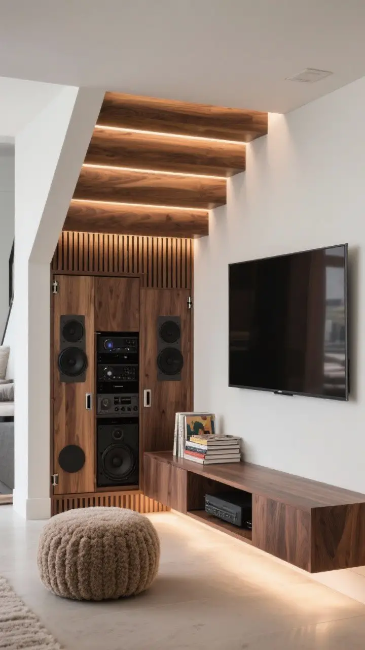 Photorealistic wide shot of a media alcove under stairs: slatted wood facade concealing speakers and components with push-latch doors, a low wall-hung console in smoked oak, framed TV or projector screen above blending into wall, boucle pouf, stack of art books, slim uplight casting warm glow on slats; clean, modern, clutter-free media zone; no people.