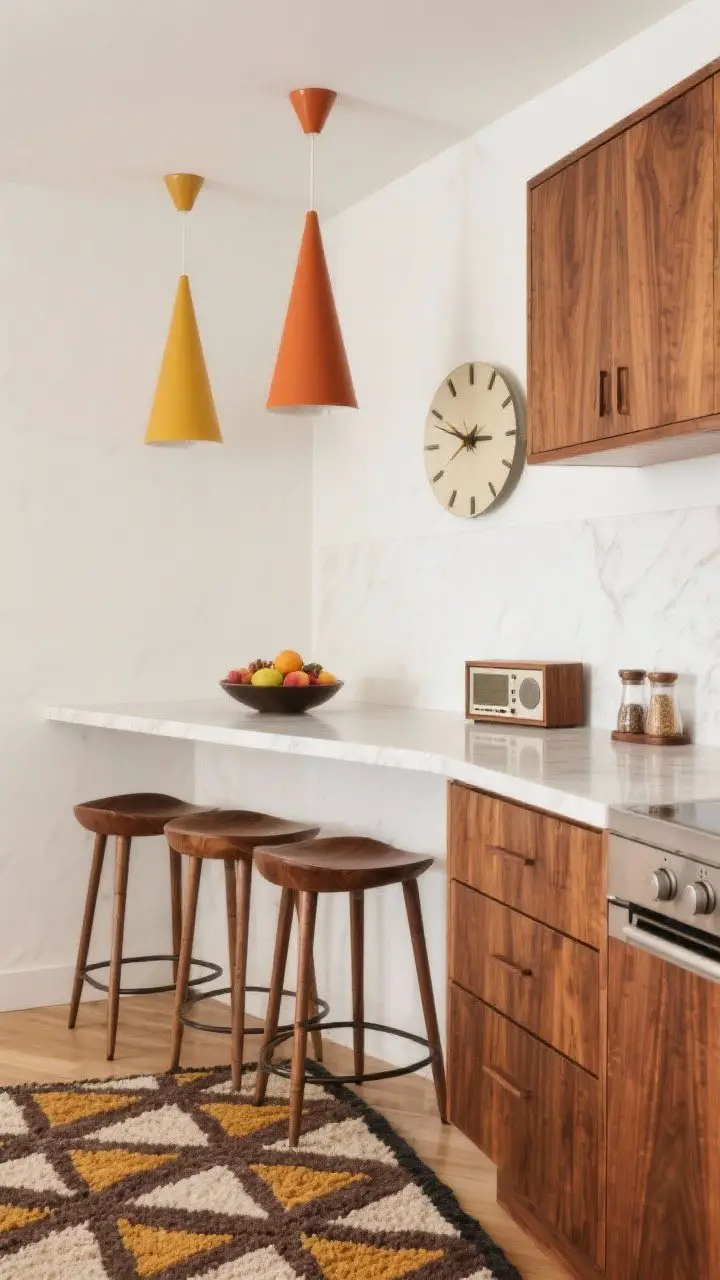 Photorealistic wide shot of a mid-century mod kitchenette: flat-front walnut/teak cabinets, matte white walls, matte white quartz counters, starburst clock as focal point; cone-shaped pendants in burnt orange and mustard over counter; geometric rug underfoot; retro barstools with tapered legs; sculptural fruit bowl and a small vintage radio on counter, teak spice caddy; clean, minimal styling with warm wood tones; even soft daylight