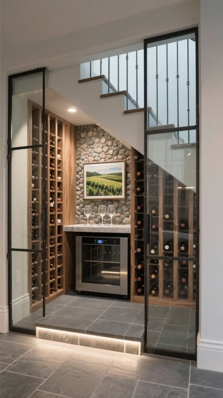 Photorealistic wide shot of a mini wine cellar under the stairs framed by an iron-and-glass enclosure: vertical oak slat wine racks, pebble-stone back wall texture, slate tile floor, a whisper-quiet wine cooler concealed under the lowest step, linear LED strip glowing softly behind the racks, a small tasting ledge with two stemware holders, a single vineyard landscape art print; cool, controlled lighting to suggest cellar ambiance; clean, modern lines.