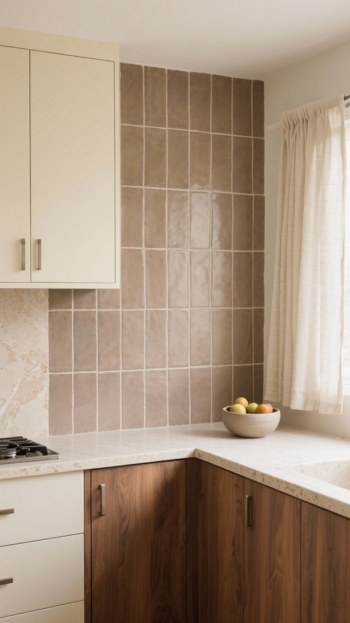 Photorealistic wide shot of a minimalist kitchen wall featuring 2x8 ceramic tiles in a vertical stacked layout with warm taupe glaze. Warm walnut lower cabinets, cream uppers, buttery limestone-look countertop, flat-panel doors, and edge-pull hardware. Include a matte ceramic fruit bowl and linen cafe curtains filtering gentle daylight. Quiet Scandinavian mood, straight-on composition.