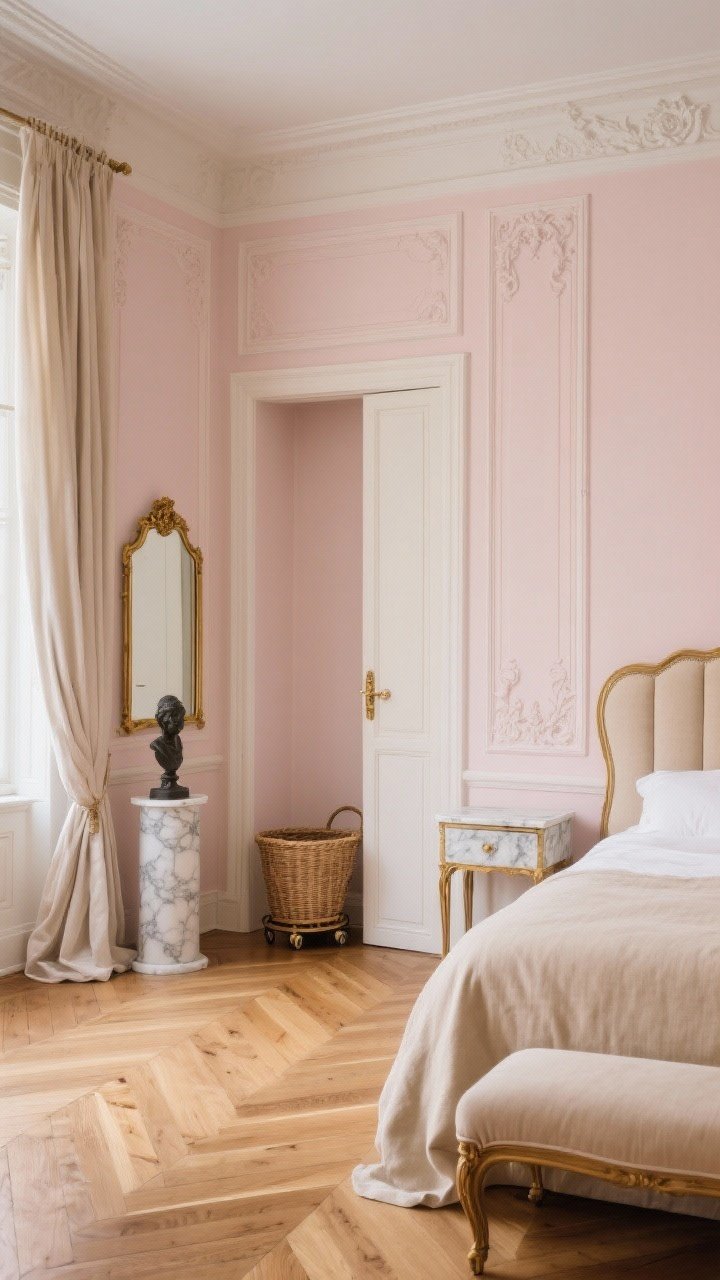 Photorealistic wide shot of a Parisian-inspired bedroom: herringbone wood floors, soft blush walls, classic Parisian wall moldings. Oatmeal linen upholstered bed with curved corners, petite marble-topped nightstands. Along the paneled wall, one tall panel slightly ajar via push-latch, revealing a slim niche with a rolling hamper basket. Vintage gilt mirror, linen curtains pooling on the floor, small sculpture on a pedestal. Palette: blush, ivory, warm oak, antique gold. Textures: linen, marble, aged brass, carved wood. Soft daylight, elegant, dreamy tone.