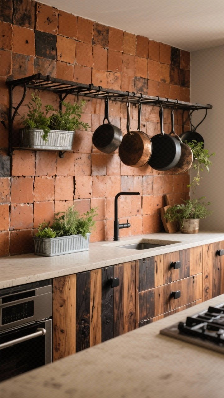 Photorealistic wide shot of a rich, tactile kitchen wall: handmade terracotta square tiles with slightly irregular edges as backsplash. Charred wood (shou sugi ban) cabinetry with matte black hardware, cream concrete countertop. Overhead, a wrought iron pot rack with pans; herb planters in galvanized trays on the counter. Earthy, warm lighting with soft shadows.