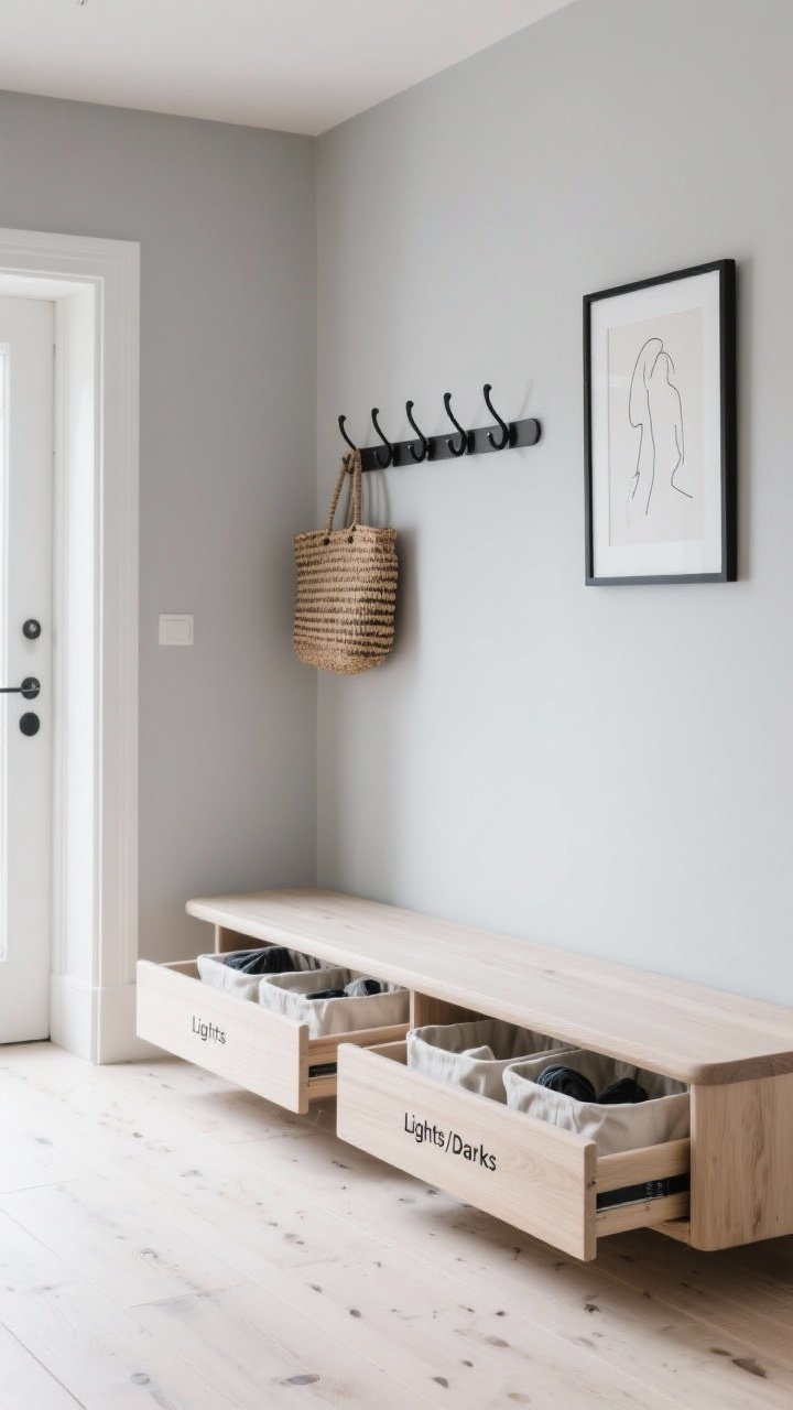 Photorealistic wide shot of a Scandinavian entryway: whitewashed oak floors, soft gray walls, a slim pale ash Scandi bench with rounded edges. Under the bench, two flush push-to-open drawers slightly slid out revealing fabric-lined laundry bins labeled discreetly on the inner rim (lights/darks). Above, a row of matte black peg hooks with a woven basket tote and a framed minimalist line drawing. Warm whites, soft gray, ash wood, matte black accents; materials: oak, cotton canvas liners, powder-coated hooks. Soft natural daylight, calm airy mood; include soft-close slide detail visible on drawer side.
