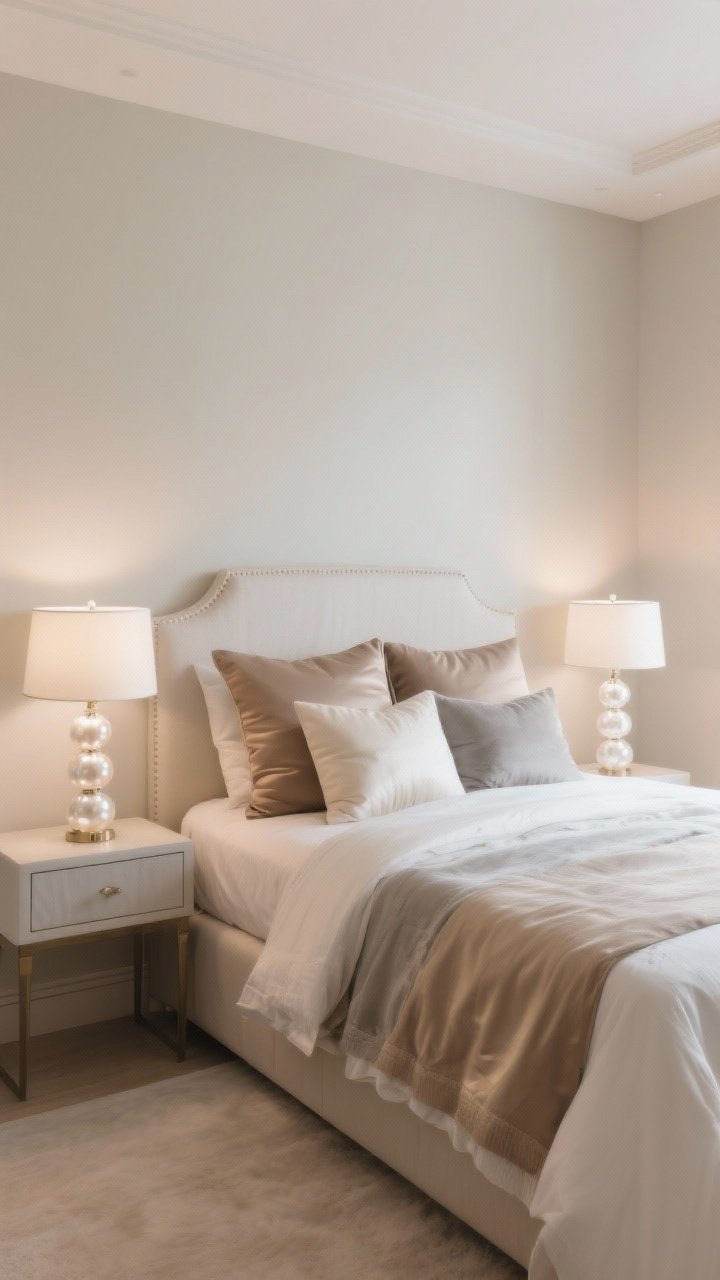 Photorealistic wide shot of a serene bedroom painted in champagne greige, airy and luminous; pearlescent lamps on both nightstands, silky pillows on layered bedding in beige, taupe, and warm gray; soft-white bulbs (2700K–3000K) casting a gentle glow; uncluttered styling that reads quietly glamorous; straight-on perspective emphasizing light bounce
