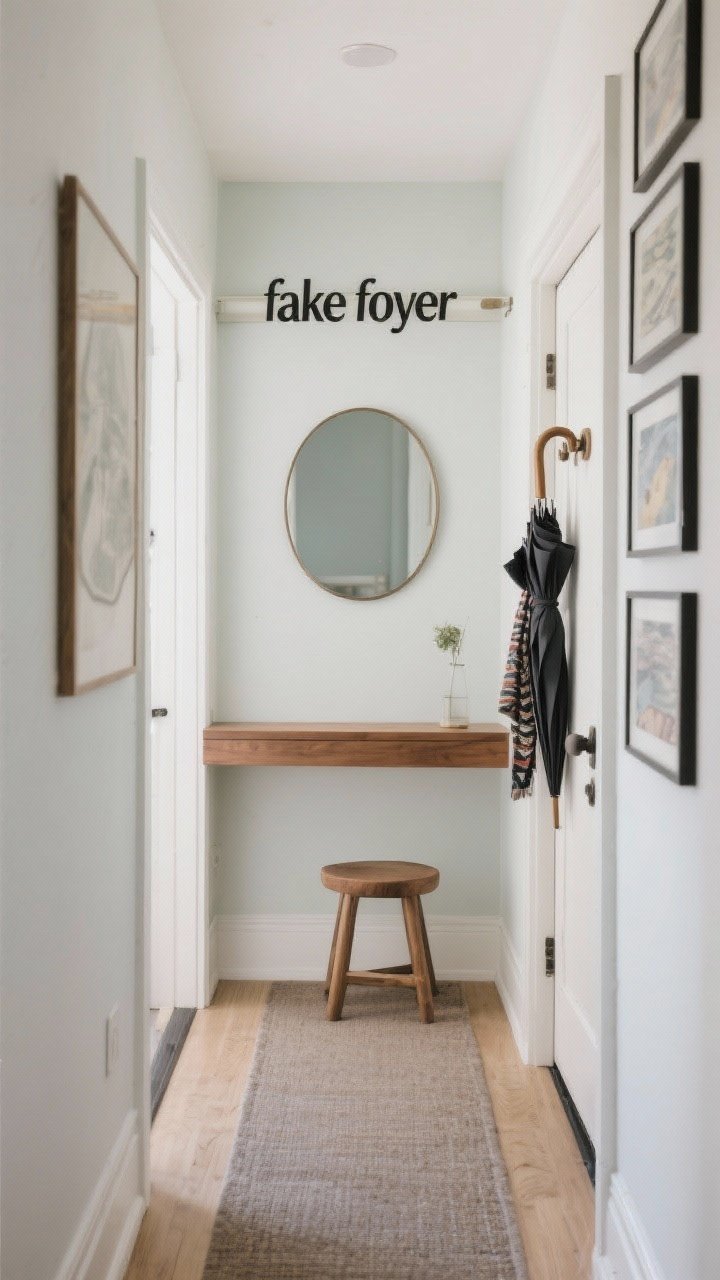Photorealistic wide shot of a small “fake foyer” in a narrow hallway: a floating, narrow wood ledge used as a mini console with a round mirror above, a compact stool tucked below, and a slim over-door rail on the entry door for umbrellas and scarves. A painted zone defines the entry area, plus a narrow runner elongates the space. Vertical coat rack and stacked art maximize height. Bright, space-enhancing light, straight-on perspective.