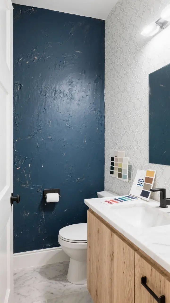 Photorealistic wide shot of a small guest bathroom featuring a dramatic statement wall behind the vanity in deep navy limewash plaster, contrasted with the other walls in soft white; patterned peel-and-stick wallpaper samples and paint swatches rest on the vanity for context; modern light oak vanity with white countertop, minimal decor, and balanced lighting that keeps the space bright without “cave” energy.