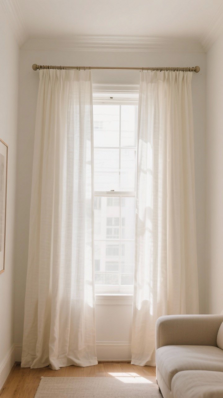 Photorealistic wide shot of a small living room with curtains hung just below the ceiling and a rod extending 8–10 inches past each side of a window; airy, lightweight solid off-white linen panels that just kiss the floor, no pooling; warm natural daylight streaming in; thin, simple curtain hardware; walls in warm white; the composition emphasizes the tall vertical drop and extra-wide rod extension to make the window feel larger and the ceiling higher.