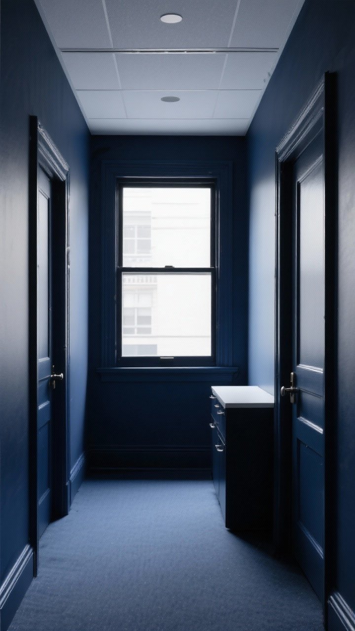 Photorealistic wide shot of a small office painted entirely in deep inky navy, including walls, trim, doors, and ceiling for a cocoon effect; matte/eggshell finish on walls with subtle gloss on the millwork for a soft sheen; slim black-framed window casts gentle light, showing how the deep color makes the room feel taller and intentional; minimal furnishings to emphasize the saturated envelope.